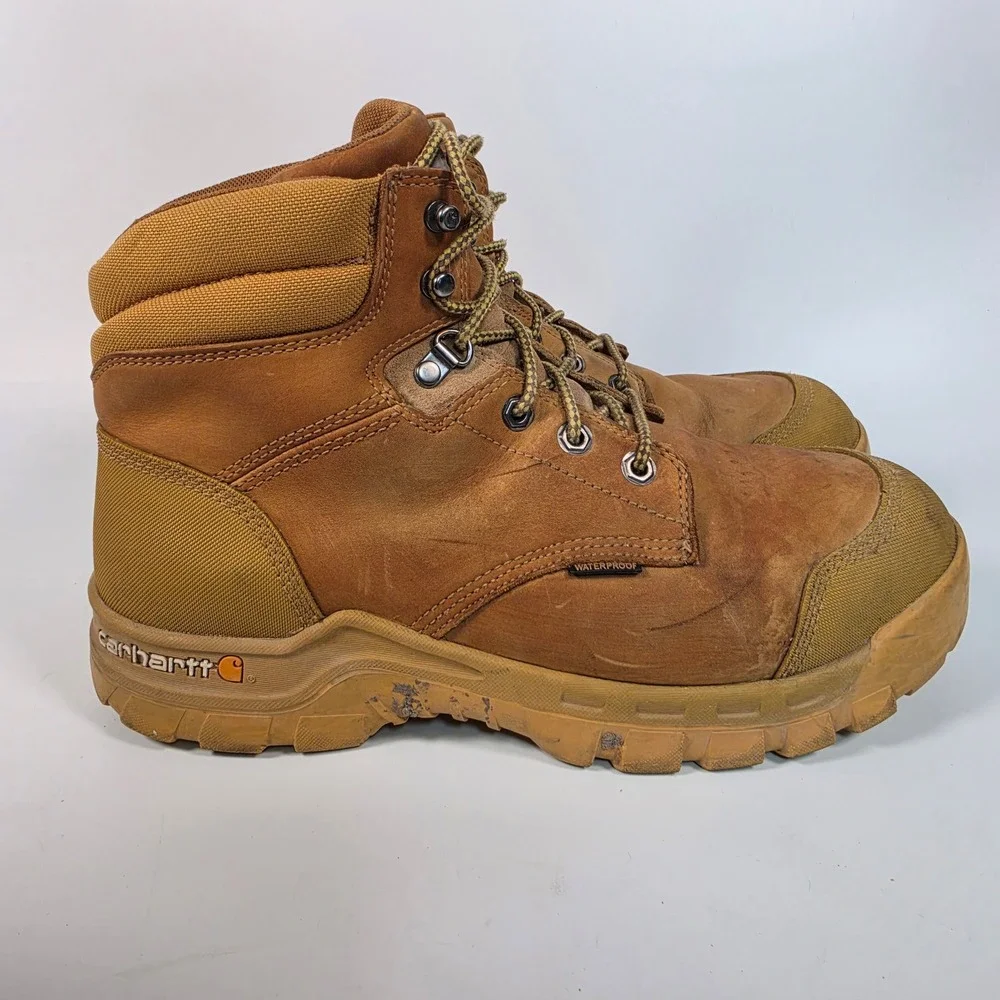Carhartt Waterproof Work Boots Men's 12 Brown Leather Soft Toe Lace Up Workwear